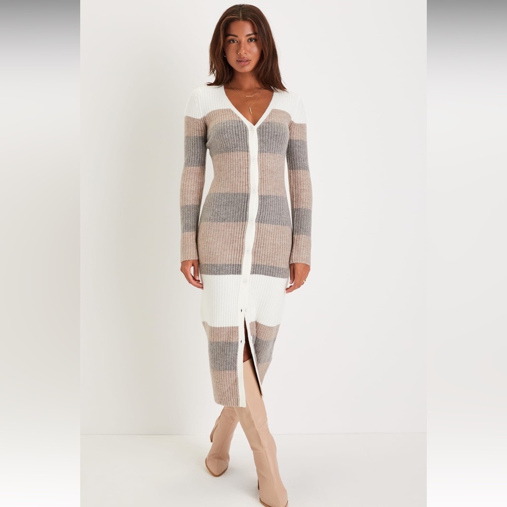 Lulu's Striped Midi Dress in White, Gray, and Tan